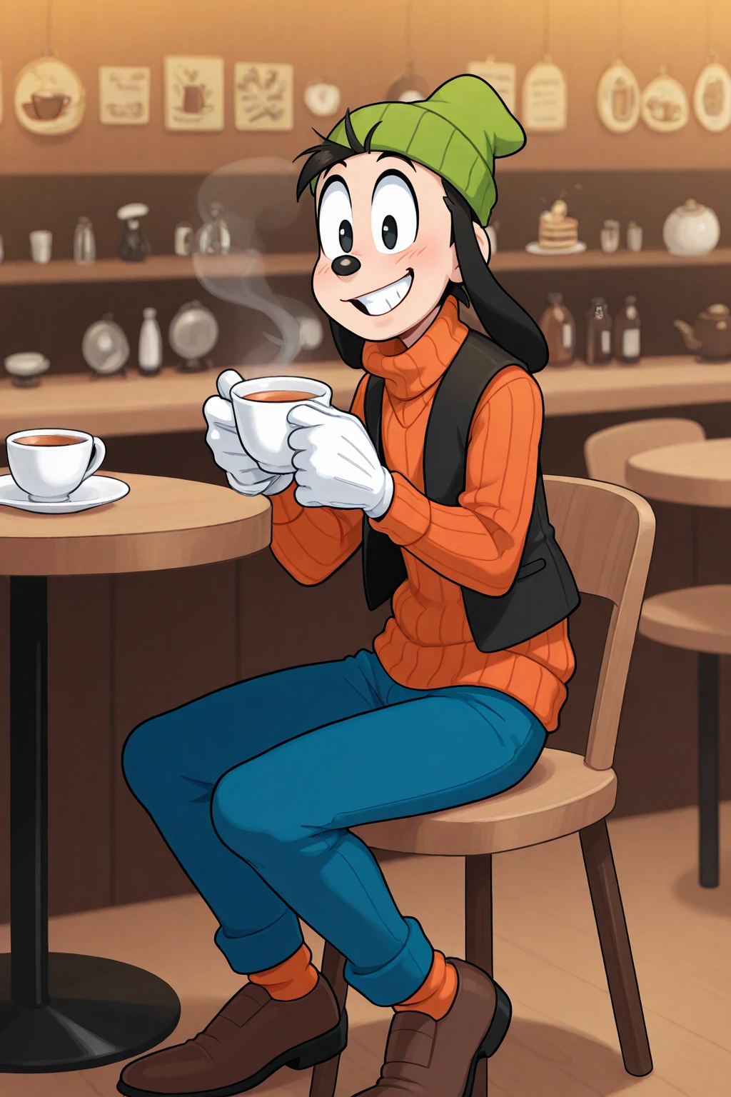 masterpiece, good quality, best quality, very awa, very as2, absurdres, highres, cute boy
<lora:GoofyiIllustriousLoRA:1>gfy, buck teeth, gloves, hat, sweater, vest, pants, shoes, sitting in a cafe, holding a cup of tea, smile, solo