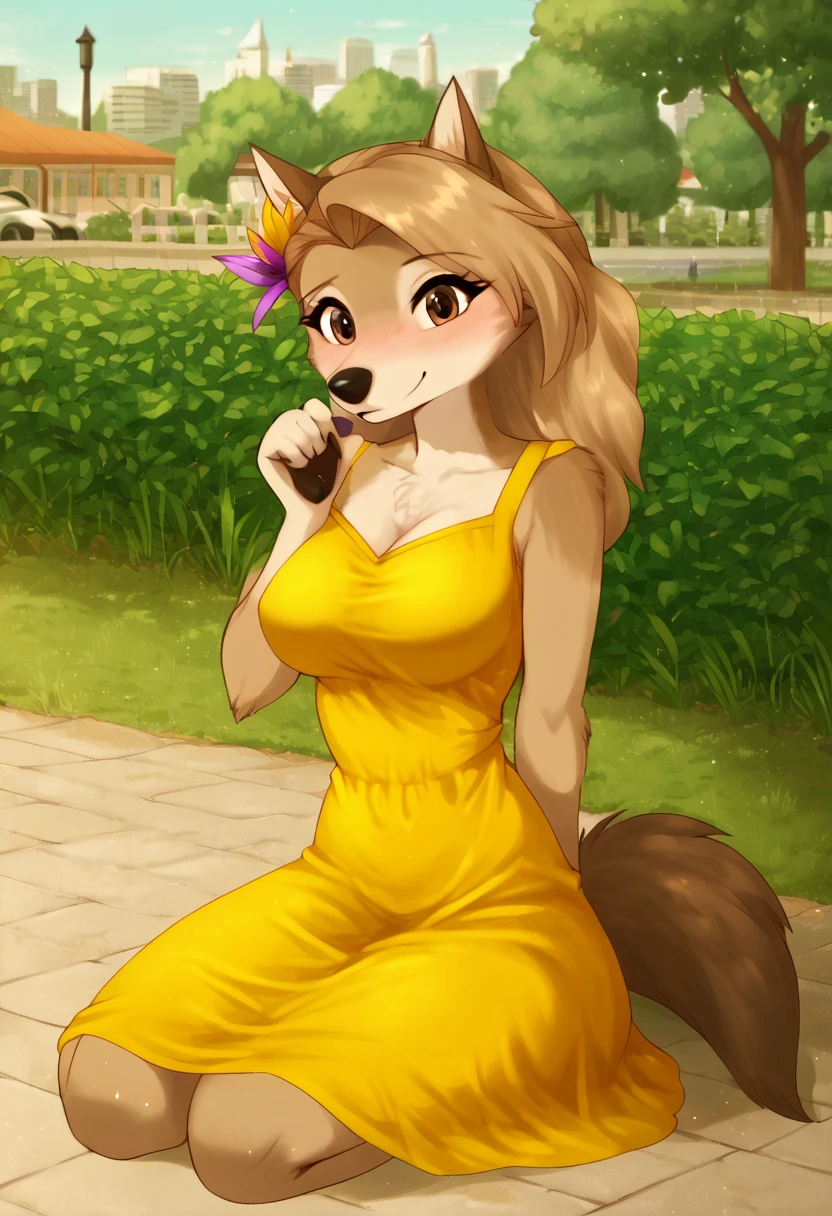 zPDXL, score_9_up, score_8_up,_7_up, score_6_up, score_5_up, score_4_up ,source_furry, best quality, amazing quality, masterpiece, 1girl, looking at viewer, solo, fullbody, cute, blush, cute smile, cute pose, outdoors, city, park, sitting outside in cafe, kate, wolf girl, golden-brown fur, brown eyes, wolf tail, wolf ears, hair flower, <lora:Kate:0.8>, (anthro, sitting, breast, yellow summer dress:1.2), vksuika, <lora:Vksuika:1>, Expressiveh, good_hands, <lora:Expressive_H:0.8>, <lora:Detail_Slider_v1.4_iteration_3:4>, <lora:pony_good_hands:0.8>