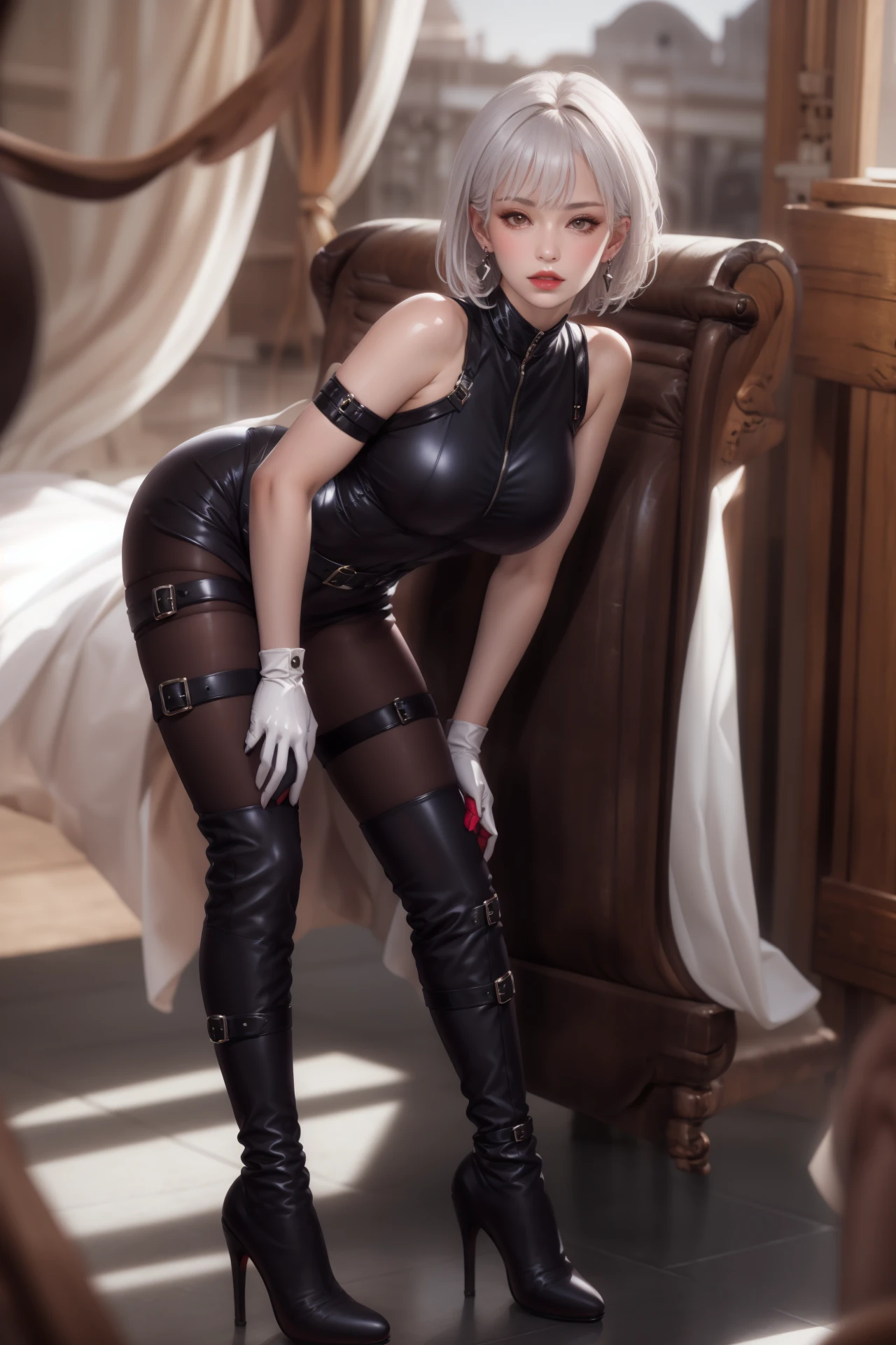 Mulher jovem, bonita, pele clara, pale skin, Fine-drawn face, cabelo loiro cintura estreita, pernas nuas, pernas bonitas, pernas expostas, pernas nuas, middlebreasts, corpete preto, luvas pretas, bem iluminada, usando corpete de latex preto, tigh high boots de couro preto, botas de salto alto, soft-lighting, fundo branco