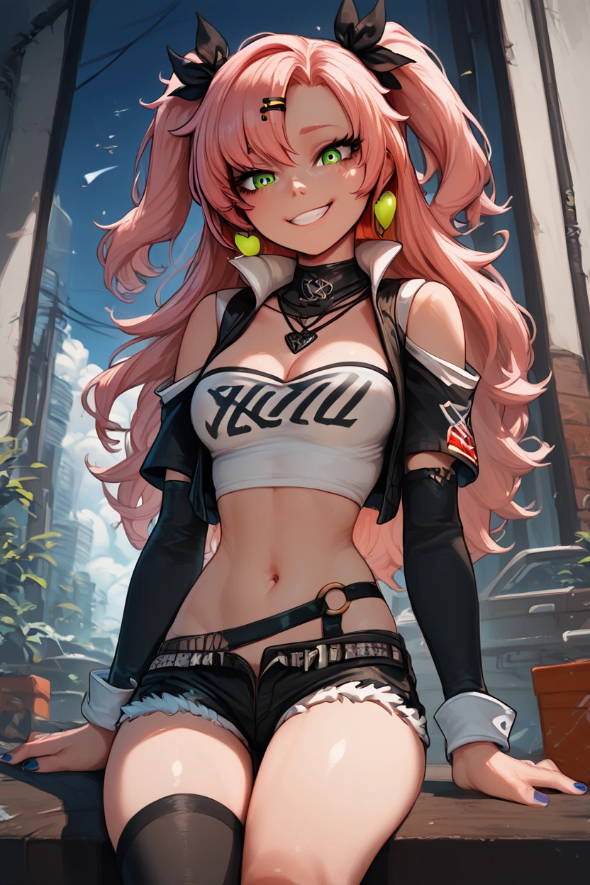 score_9, score_8_up, score_8, medium breasts, (curvy), cute, eyelashes, BREAK, , BREAK, <lora:Nicole_Demara_PDXL:0.8>, nicole demara, green eyes, pink hair, hair ornament, hair ribbon, hairclip, long hair, two side up, ribbon, black footwear, black ribbon, black shorts, black socks, black thighhighs, boots, cleavage, crop top, earrings, jewelry, kneehighs, nail polish, necklace, o-ring, short shorts, shorts, single kneehigh, single sock, single thighhigh, socks, thigh strap, thighhighs, torn clothes, two side up,, <lora:IncaseStyle_PDXL:1.0>, , BREAK, smile, looking at viewer, cowboy shot, embedding:zPDXL, Expressiveh, <lora:SDXLFaeTastic2400:0.5>, <lora:Expressive_H-000001:0.4>,