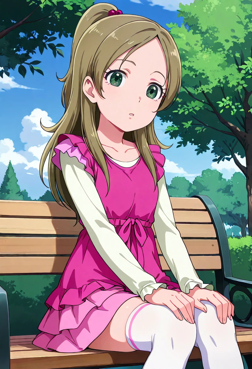 masterpiece, best quality, absurdres, very aesthetic, general,
minamino kanade, casual, long hair, green eyes, 1girl, bench, sitting, eyelashes, brown hair, white legwear, solo, half updo, blonde hair, zettai ryouiki, day, solo, open mouth, outdoors, pink skirt, shirt, tree, pink dress, hands on own knees, hand on own knee, park bench, collarbone, looking at viewer, frills, long sleeves, ponytail, park, parted lips, blue sky, white thighhighs, hair bobbles, hair ornament, pink bow, green hair, cloud, anime coloring,
<lora:cure_rhythm_minamino_kanade_illustXL_locon_v1:0.7>