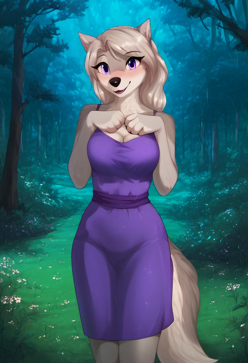 zPDXL, score_9_up, score_8_up,_7_up, score_6_up, score_5_up, score_4_up ,source_furry, best quality, amazing quality, masterpiece, 1girl, looking at viewer, solo, fullbody, cute, blush, cute smile, cute pose, out doors, forest, trees, field, flowers, lilly, wolf girl, silver-gray fur, purple eyes, wolf tail, wolf ears, (anthro, standing, breast, purple summer dress:1.2), <lora:Lilly:0.8>, vksuika, <lora:Vksuika:1>, Expressiveh, good_hands, <lora:Expressive_H:0.8>, <lora:Detail_Slider_v1.4_iteration_3:4>, <lora:pony_good_hands:0.8>