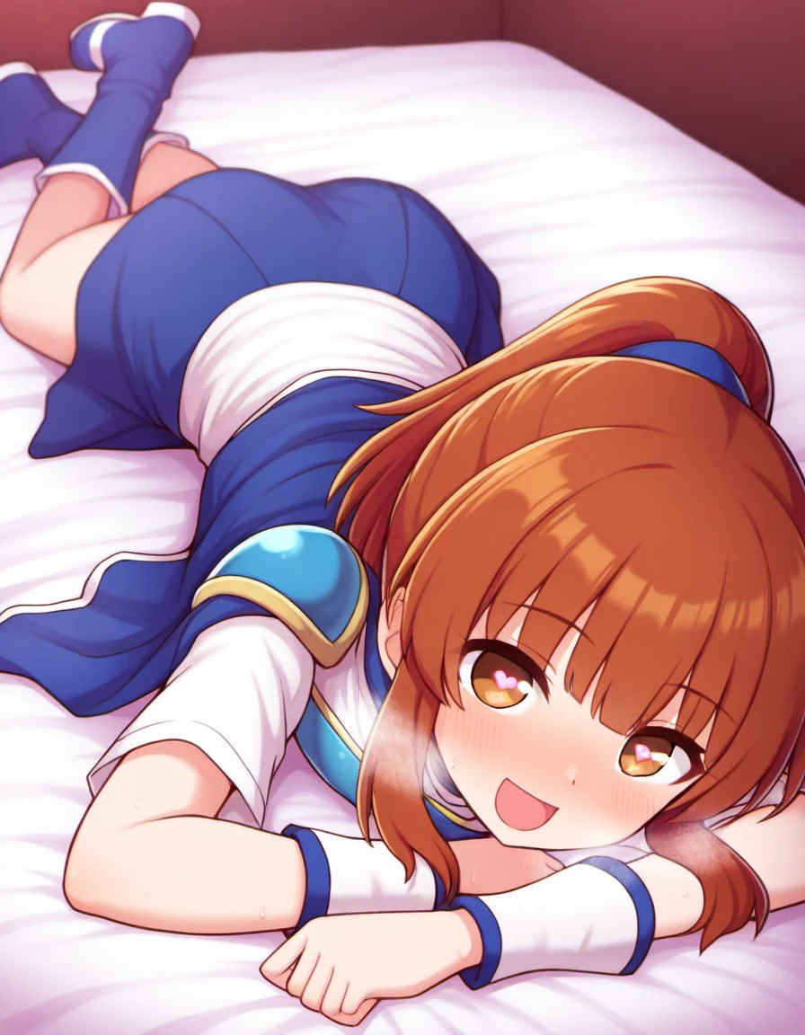 <lora:PuyoArleF_SDXL_illustrious_fp16_ver01:1>,1girl,solo,PuyoarleF,brown eyes,brown hair, ponytail,armor, shoulder armor,white shirt,blue skirt,cape,wristband, blue footwear,on bed,lying,smile,heart-shaped pupils, heavy breathing,, masterpiece, best quality, very aesthetic, absurdres,<lora:detailed_hands:1>,hand