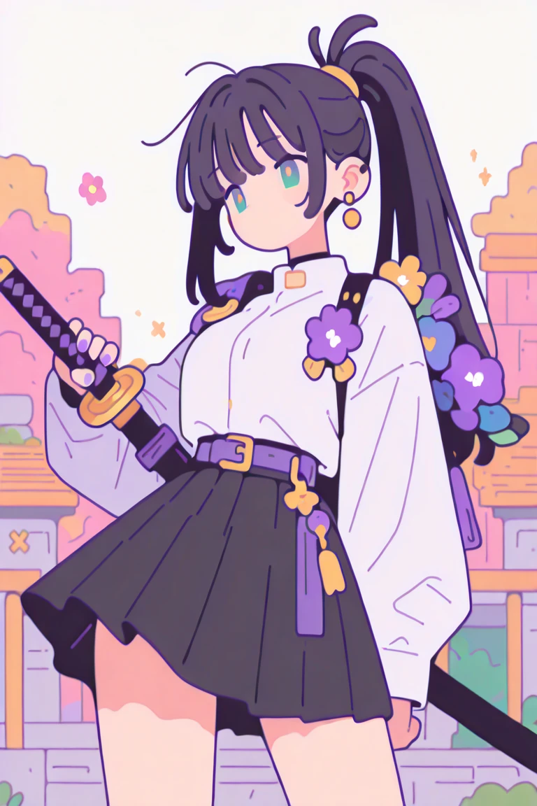 masterpiece, best quality, newest, absurdres, highres,
1girl, solo, looking at the audience, long hair, ponytail, bangs, skirt, shirt, black hair, thighs, long sleeves, holding, jewelry, green eyes, weapon, flowers, pleated skirt, earrings, sword, black thighs, black skirt, nail polish, holding weapons, purple top, holding sword, piercing, floral print, samurai scabbard, ear piercing, shoulder, weapon on the shoulder, sword on the shoulder,
, highres, ((top quality)), ((masterpiece)), ((best quality)), ((high quality)),Flatline, Flat vector illustration