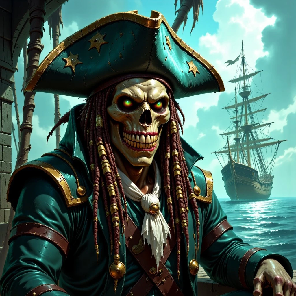 Dark-Fantasy-Cardd-V.2.0 style illustration that features a cursed pirate captain with rotting corpse skin aboard a weathered and sinister ghost ship. The captain’s decayed, zombified visage is the focal point of the scene, with his ghastly skeletal features, rotting flesh, and sunken, glowing green eyes radiating an aura of malevolent power. His flesh is torn and decayed, exposing sinew and bone, yet his expression conveys an eerie intelligence and ruthless cunning. His rotting teeth are bared in a wicked snarl, remnants of a once-commanding grin now twisted into a horrifying sneer. The pirate wears a battered tricorn hat adorned with faded gold trim, sitting atop long, matted, and dreadlocked hair tangled with beads, bones, and seaweed. His outfit consists of a tattered and salt-stained coat, frayed cuffs, and a weathered white cravat, evoking the grandeur of a long-dead era.