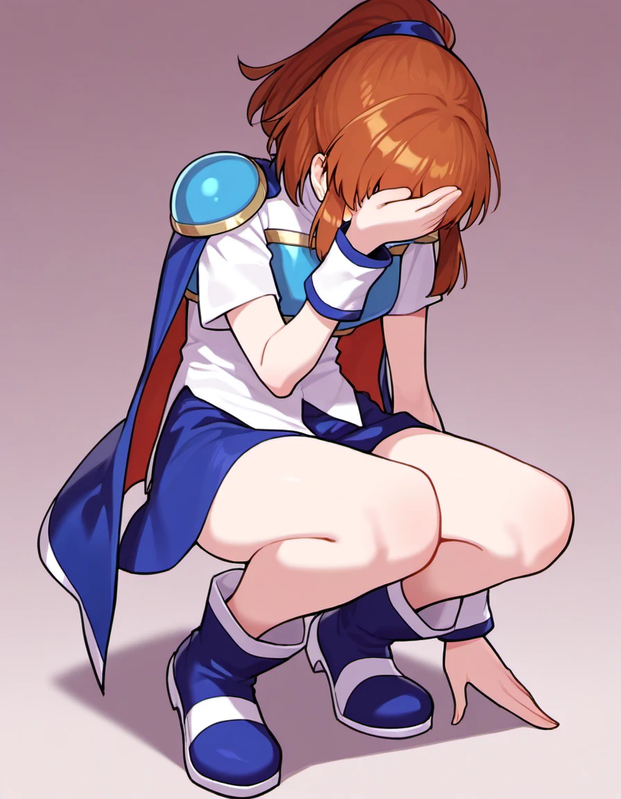 <lora:PuyoArleF_SDXL_illustrious_fp16_ver01:1>,1girl,solo,PuyoarleF,brown eyes,brown hair, ponytail,armor, shoulder armor,white shirt,blue skirt,cape,wristband, blue footwear,facepalm, masterpiece, best quality, very aesthetic, absurdres,<lora:detailed_hands:1>,hand