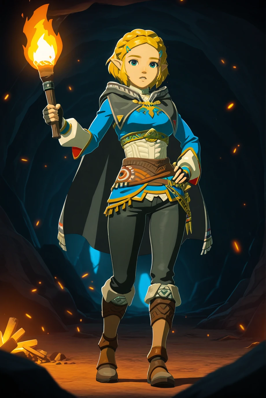 absurdres, masterpiece, best quality, very aesthetic, 1girl, solo,
<lora:Zelda-IL-v2-07:0.8>, ChopioZelda, blonde hair, pointy ears, looking at viewer,
short hair, crown braid, sidelocks, parted bangs, hairclip, parted bangs, hairclip, medium breasts,
outfit_1, blue crop top, gold trim, white undershirt, breastplate, layered sleeves, brown sash, black gloves, fingerless gloves, black pants, knee boots, brown footwear,
black cape, hooded cape,
aztec, ruins, dark, cave, holding torch, parted lips, torch, embers,hand on own hip,