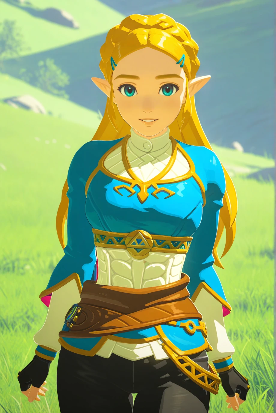absurdres, masterpiece, best quality, very aesthetic, 1girl, solo,
<lora:Zelda-IL-v2-07:0.8>, ChopioZelda, blonde hair, aqua eyes, pointy ears, looking at viewer,
long hair, crown braid, sidelocks, parted bangs, hairclip, medium breasts,
outfit_1, blue crop top, gold trim, white undershirt, breastplate, layered sleeves, brown sash, black gloves, fingerless gloves, black pants,
outdoors, grass, nature, smile, parted lips,