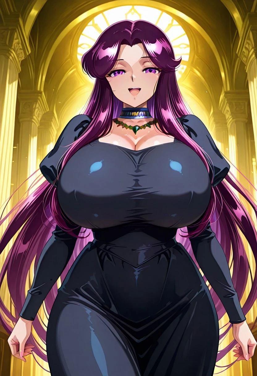 ((high aesthetic)), art by kipteitei, absurdres, absurd resolution, highly rated, highres, art by kipteitei, high resolution, best quality, masterpiece, full body, (facing viewer), 1girl, ((solo)), indoors, clothed, perfect face, perfect eyes, neneneji, tight outfit, smile, natural skin texture, 4k textures, hdr, intricate, highly detailed, puffy lips, thick lips, hyperdetailed, mature female, black hair, long hair, straight hair, bangs, parted bangs, blue eyes, purple dress, jewelry, skinny