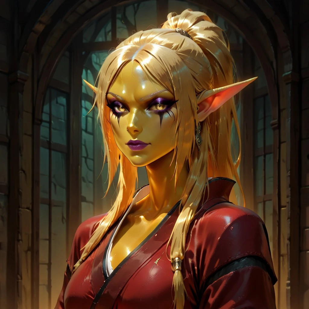 masterpiece, best quality, newest, absurdres, highres, Dark-Fantasy-Cardd-V.2.0, 
1girl, asian, asian female, elf, elf girl, pointy ears, long hair, yellow skin, blonde hair, golden colored skin, kimono, red kimono, ponytail long ponytail, high taied ponytail, makeup, mascara,