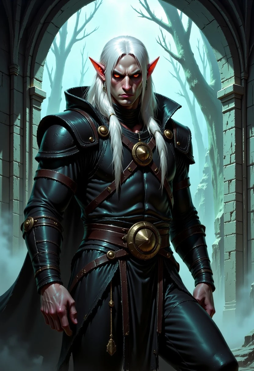 Dark-Fantasy-Cardd-V.2.0 style dark fantasy illustration that featuresa a male dark elf warrior, with long white hair, and red eyes, wearing a black leather armor