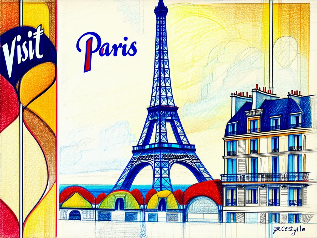 An art deco holiday color pencil drawing, postcard, Paris, Eiffel tower. (text: "Visit Paris").
artdcoCE_style