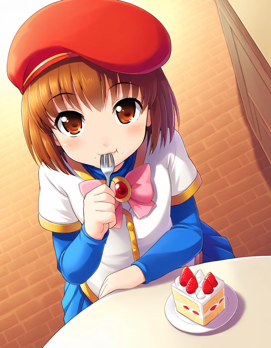 <lora:PuyoArleY_SDXL_illustrious_fp16_ver07:1>,,PuyoArleYD,1girl,solo,brown hair,brown eyes,vests,red beret, pink bow,blue skirt,buttons,eating cake,table,fork, masterpiece, best quality, very aesthetic, absurdres,<lora:detailed_hands:1>,hand