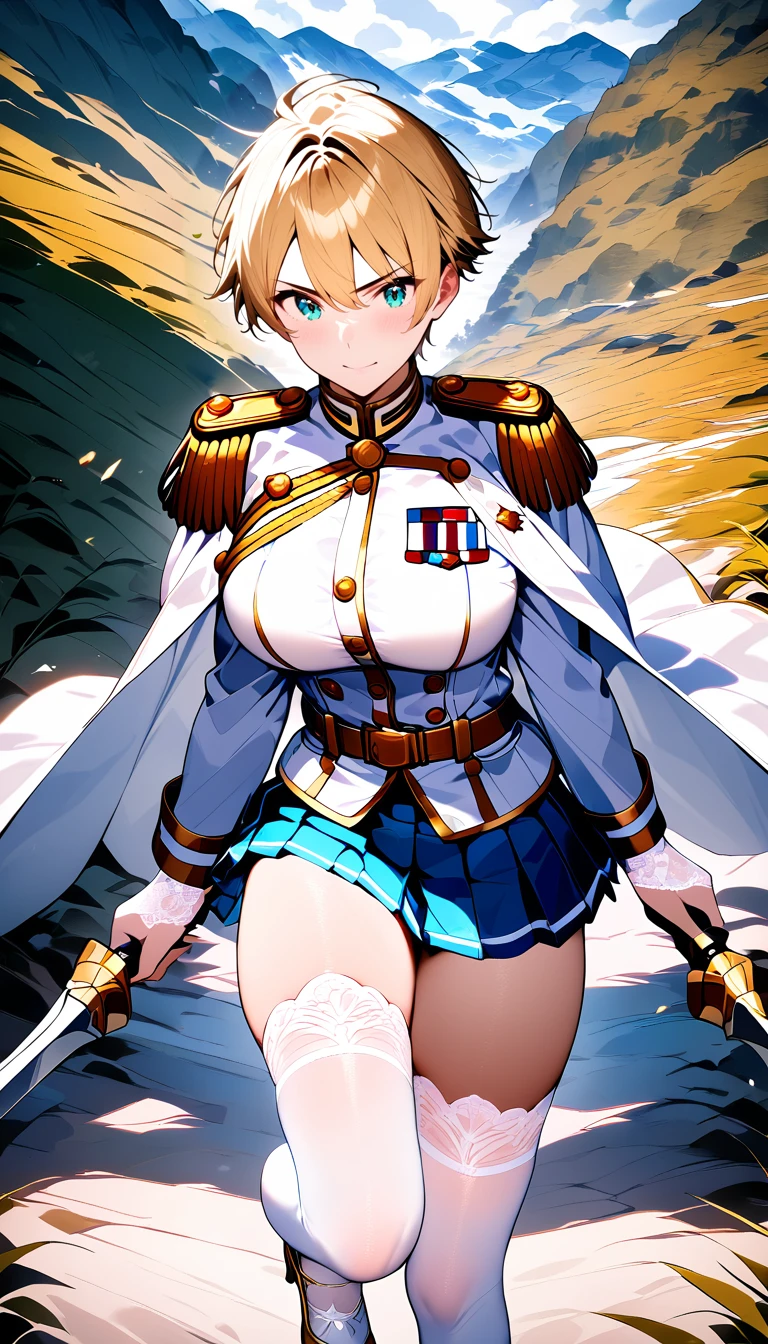 ,white background,tenkaizumo, tenka izumo, short hair, blue eyes, blonde hair, smile,
BREAK ,straddling, pov, open mouth smile
BREAK thighhighs, gloves, jewelry, earrings, boots, shorts, belt, uniform, military, military uniform, thigh boots, epaulettes,
BREAK outdoors, space, starry sky, star \(sky\), moon,
BREAK looking at viewer,
BREAK (masterpiece:1.2), best quality, high resolution, unity 8k wallpaper, (illustration:0.8), (beautiful detailed eyes:1.6), extremely detailed face, perfect lighting, extremely detailed CG, (perfect hands, perfect anatomy),