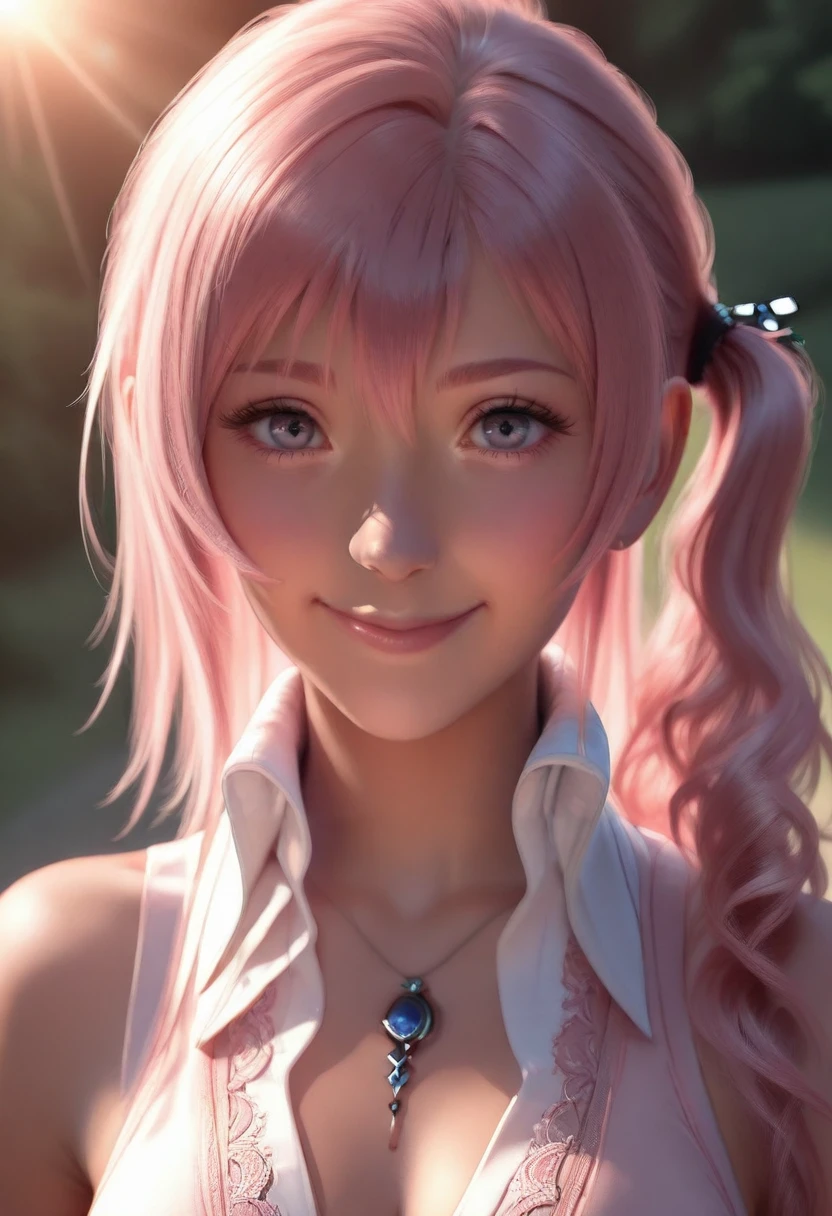 masterpiece, best quality, absurdres, intricate details, serah13, portrait, smile, stunning background. bright sunlight, a mesmerizing blend of light and shadow. <lora:Serrah_Farron_IL:1>