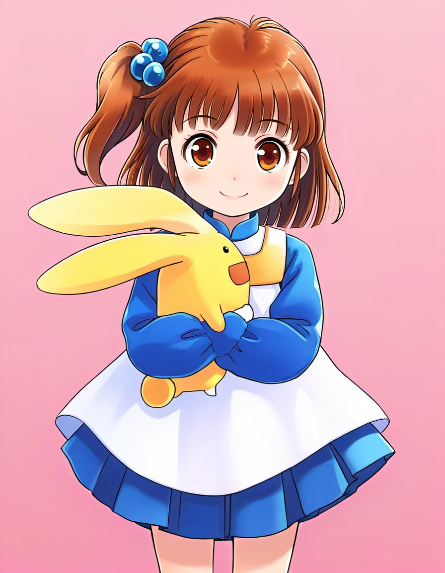 <lora:PuyoArleY_SDXL_illustrious_fp16_ver07:1>,PuyoArleYH,1girl,solo,brown hair,brown eyes,hair bobbles, yellow collar, kindergarten uniform,smile,blue skirt,smile,hugging carbuncle \(puyopuyo\),, masterpiece, best quality, very aesthetic, absurdres,<lora:detailed_hands:1>,hand