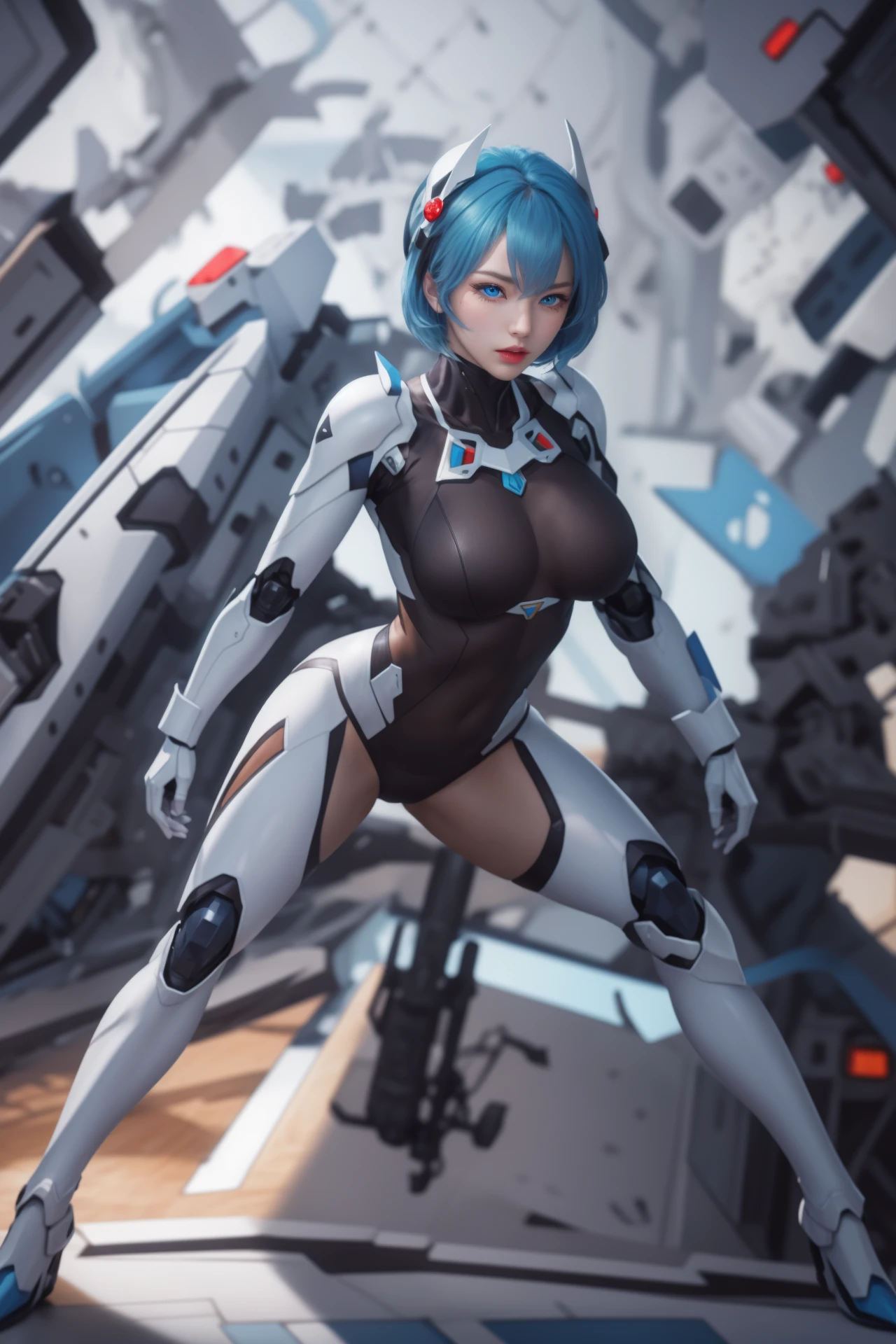 View from below angle from below girl mecha half cyborg, modifications, She has a curvy figure but a narrow waist., she has long blue hair, with blue eyes, with a gas mask on his face, cybernetic suit blue, costume parts with blue lights and LEDs, a multitude of glowing blue lines and lights, hands prosthetics, gorgeous body, short sports shorts that highlight her big wide hips, but it is covered by a mechanical suit, flat horizon photo, anime style pictures, на backgroundе изображения синее небо, clouds and lights and glare in large quantities, and also blue fog and smoke , background: blue sky with clouds