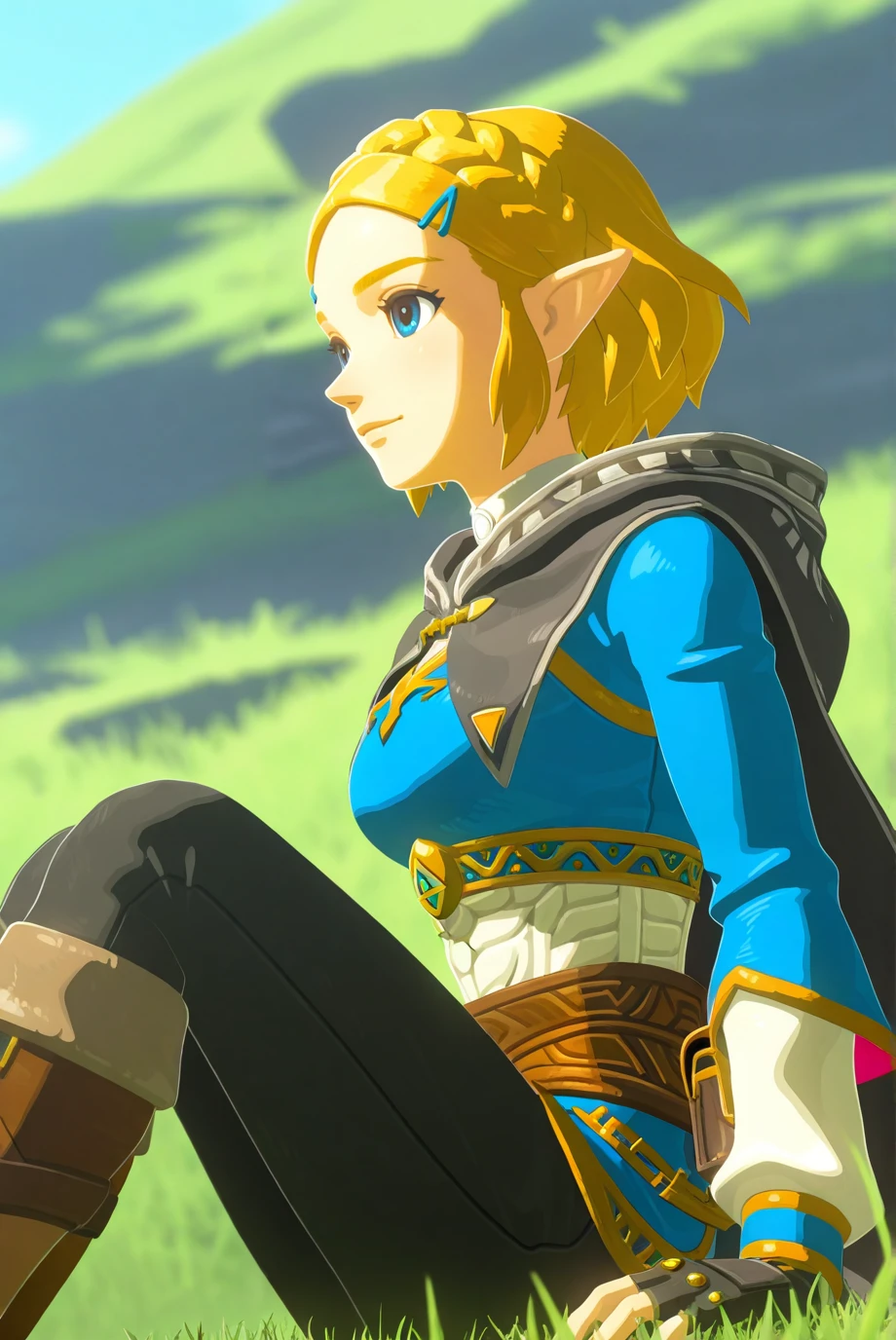 absurdres, masterpiece, best quality, very aesthetic, 1girl, solo,
<lora:Zelda-IL-v2-07:0.8>, ChopioZelda, blonde hair, pointy ears,
short hair, crown braid, sidelocks, parted bangs, hairclip, parted bangs, hairclip, medium breasts,
outfit_1, blue crop top, gold trim, white undershirt, breastplate, layered sleeves, brown sash, black gloves, fingerless gloves, black pants, knee boots, brown footwear,
black cape, hooded cape,
outdoors, grass, nature, light smile, from side, sitting, knees up, looking afar,