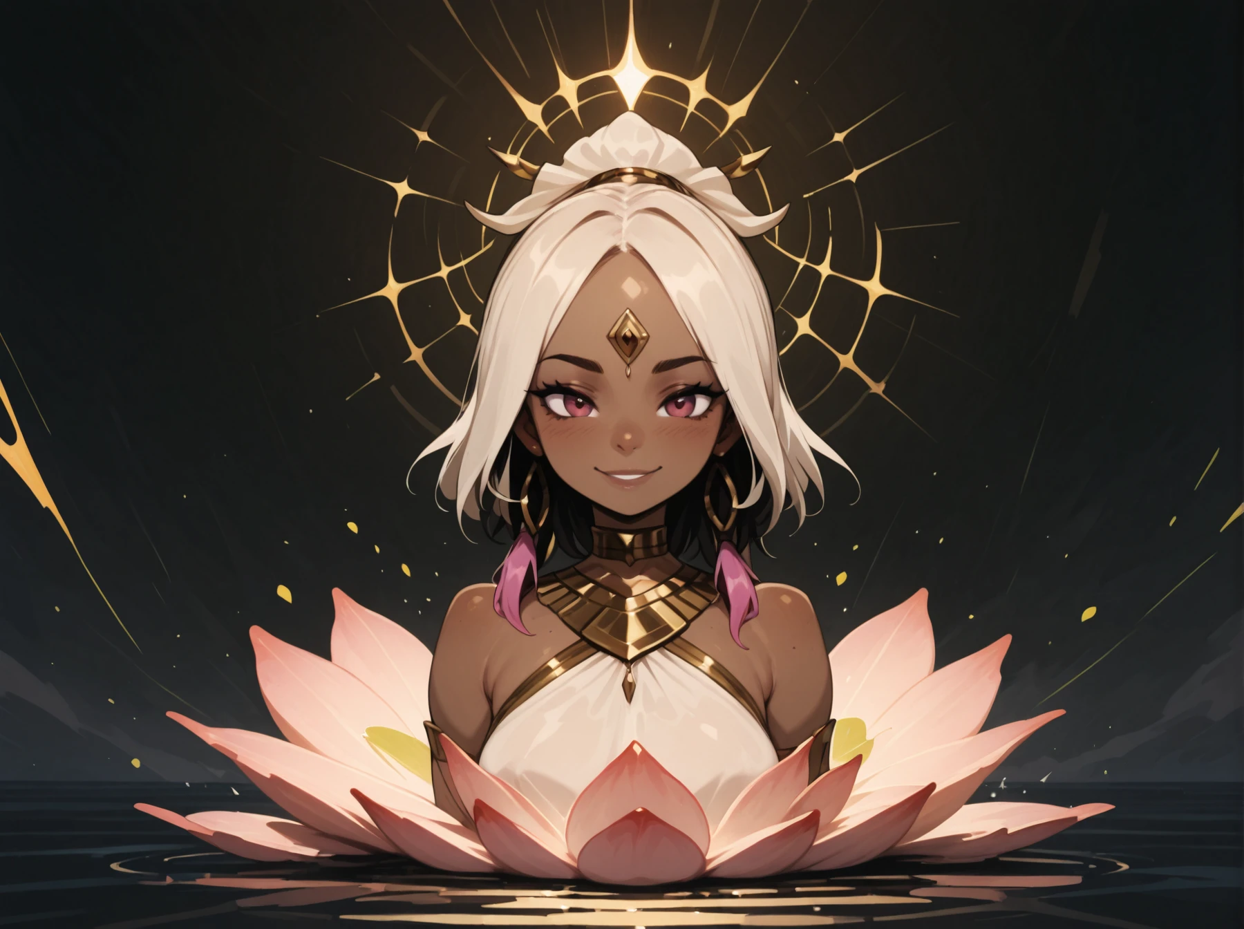 1girl, dark skin, meditating, smiling, lotus  <lora:DarkfireStyle01:1>