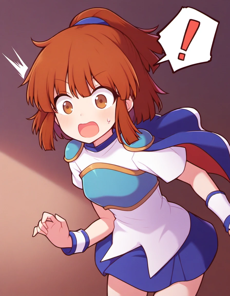 <lora:PuyoArleF_SDXL_illustrious_fp16_ver01:1>,1girl,solo,PuyoarleF,brown eyes,brown hair, ponytail,armor, shoulder armor,white shirt,blue skirt,cape,wristband, <lora:HairintakesEraser_v01_illustrious_10steps:2>,surprised, spoken exclamation mark, wide-eyed,open mouth,cowboy shot,, masterpiece, best quality, very aesthetic, absurdres,<lora:detailed_hands:1>,hand