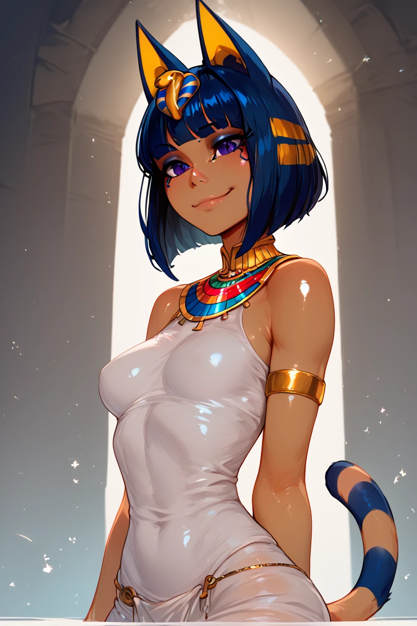 score_9, score_8_up, score_8, medium breasts, (curvy), cute, eyelashes, BREAK, , BREAK, zzEgyptian, animal crossing, animal ears, zzAnkha, armlet, backlighting, bare shoulders, belt, blonde hair, blue hair, blunt bangs, blunt ends, bob cut, cat ears, cat girl, cat tail, closed mouth, cropped, daniel deng, dark skin, dress, eye of horus, eyelashes, eyes visible through hair, facial tattoo, humanization, purple eyes, shiny skin, short hair, slit pupils, tattoo, usekh collar, white dress , <lora:Egyptian_PDXL:0.8>,, <lora:IncaseStyle_PDXL:1.0>, , BREAK, smile, looking at viewer, cowboy shot, embedding:zPDXL, Expressiveh, <lora:SDXLFaeTastic2400:0.5>, <lora:Expressive_H-000001:0.4>,