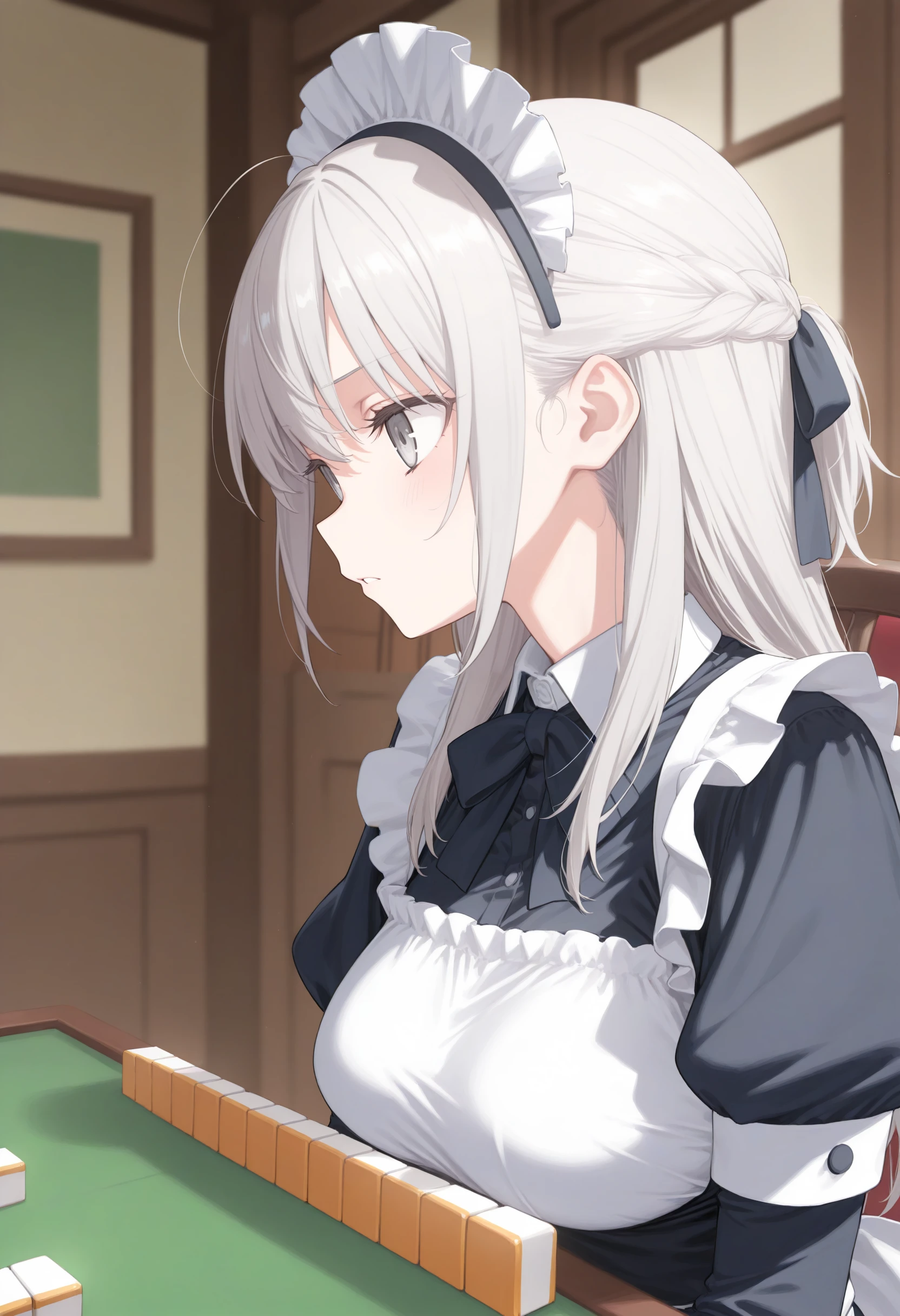 1girl,(sho \(sho lwlw\):0.7),(toosaka asagi:0.5),(sincos:0.3),solo,
masterpiece, best quality, newest, absurdres, CG, anime, source anime, illustration,
maid, maid headdress,medium breasts,
mahjong, mahjong tile ,mahjong table,sitting, chair, indoors, <lora:mahjong_Illust_v1:0.8>
from side, portrait, looking to the side, silver hair, silver eyes,frown,, parted lips, half updo hair,