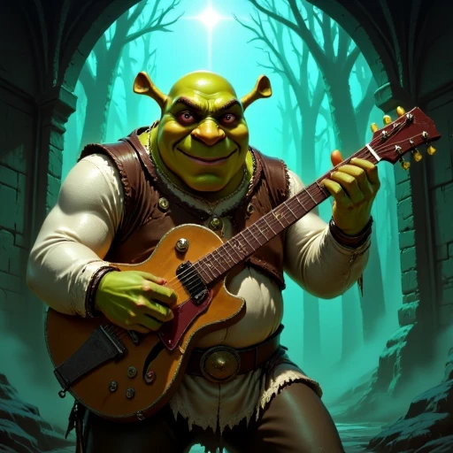 Dark-Fantasy-Cardd-V.2.0 style illustration of Shrek playing the guitar