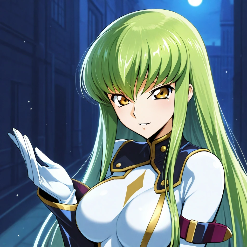 c_c(codegeass), 1girl, long hair, solo, yellow eyes, green hair, gloves, night, white gloves, bangs, dark alleyway background, , looking at viewer, very long hair, white , parted lips, , defoutfit, upper body, smile, <lora:C.C-CodeGeass-IllustXL:1>, (masterpiece),(best quality),(ultra-detailed),(best illustration),(best shadow),(absurdres),(detailed background),(very aesthetic),