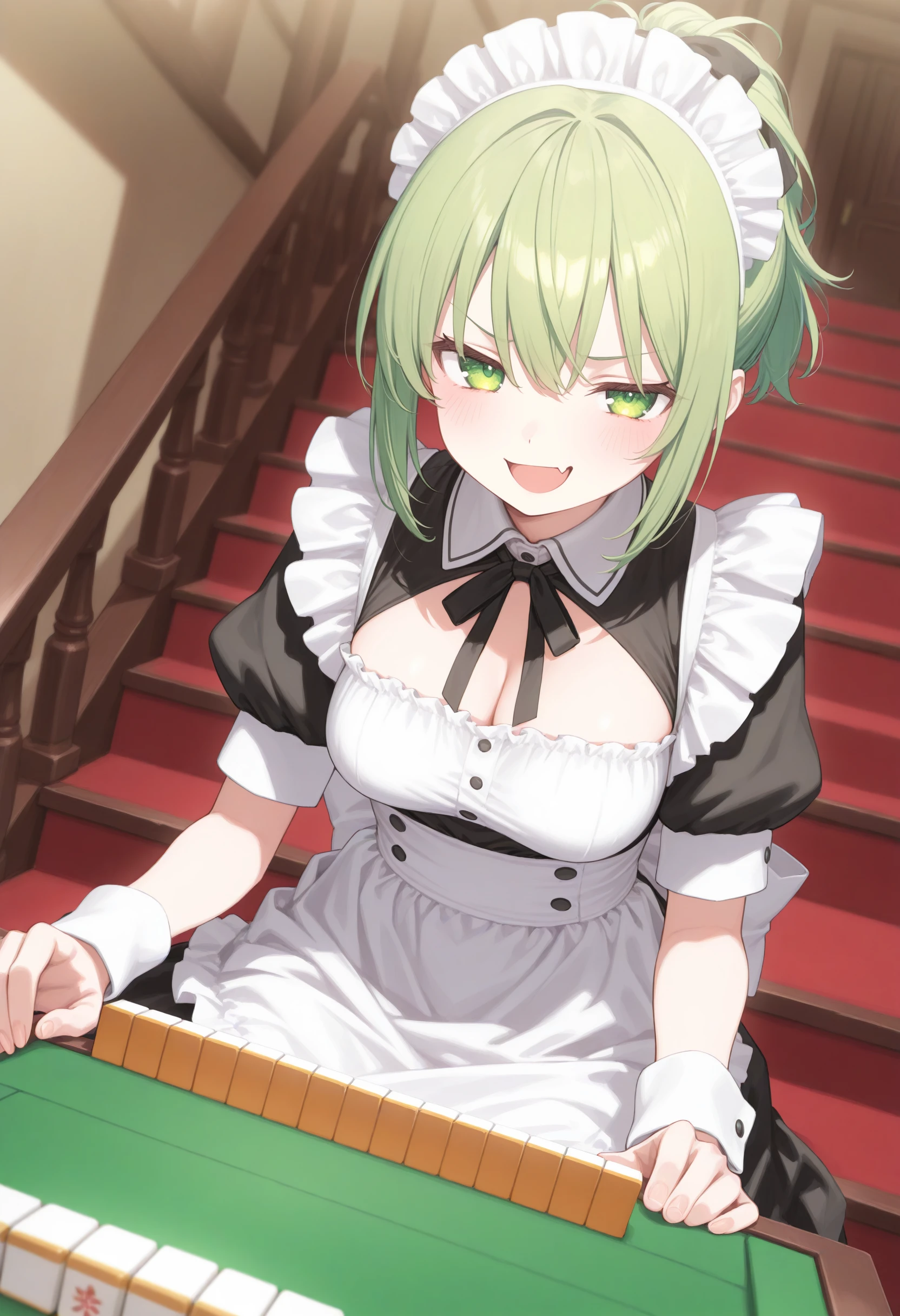1girl,(sho \(sho lwlw\):0.7),(toosaka asagi:0.5),(sincos:0.3),solo,
masterpiece, best quality, newest, absurdres, CG, anime, source anime, illustration,
maid, maid headdress,medium breasts,
mahjong, mahjong tile ,mahjong table,sitting, <lora:mahjong_Illust_v1:0.8>
dutch angle, fisheye lens, looking at viewer, green hair, green eyes,smug, stairs, open mouth, short ponytail hair,