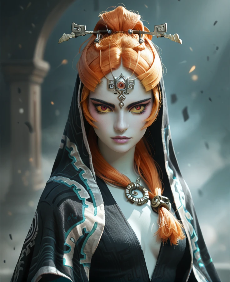 by slash freezen, ballroom, solo, midna, female, trueform, hooded cloak, jewelry, side skirt, red eyes, yellow sclera, orange hair, long ponytail, best quality, highly detailed, <lora:MidnaXL_02-Pony-lr2-nd32-na32-ep20:1>, score_9, score_8_up, score_7_up, score_6_up, score_5_up, score_4_up