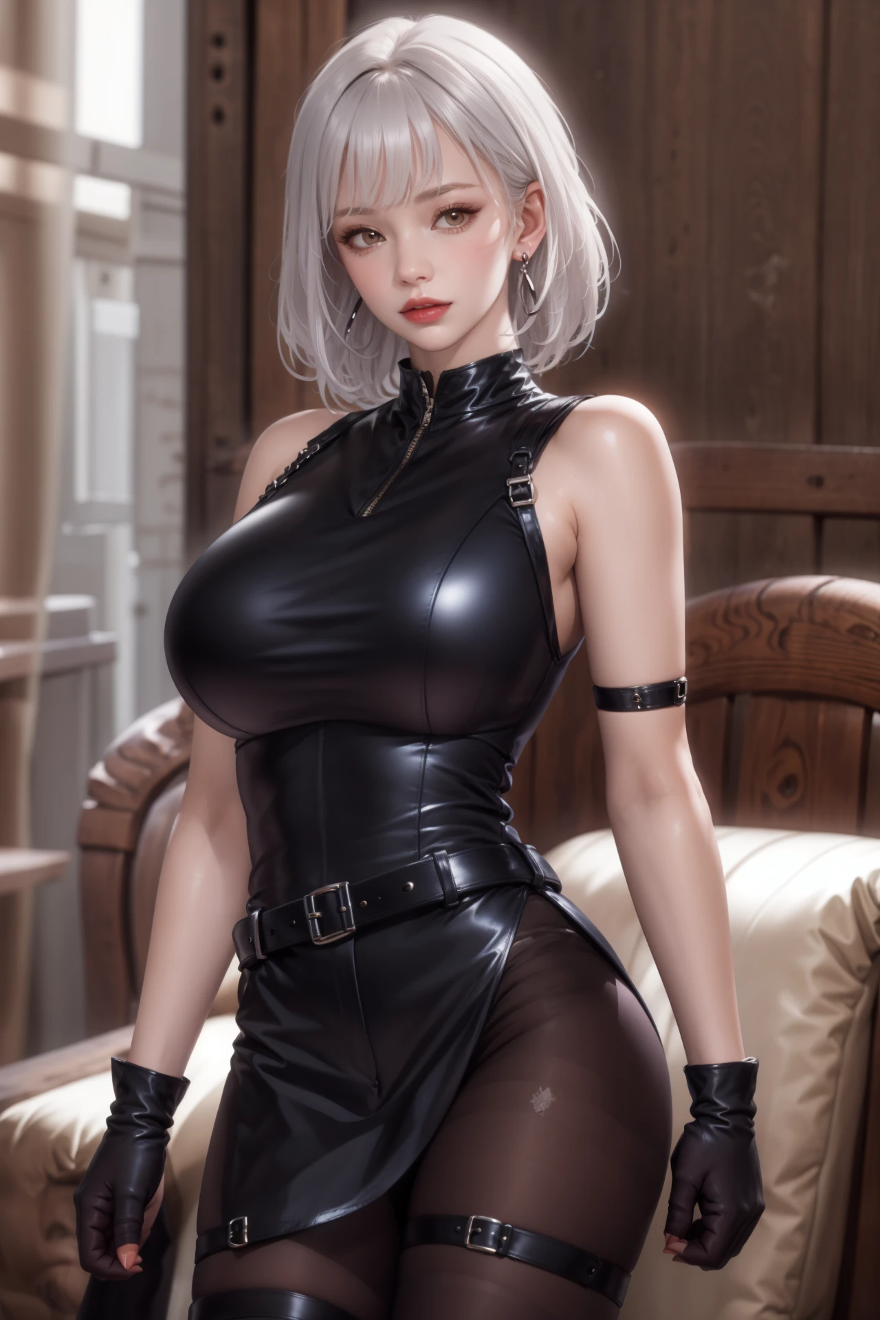 realistic, 1 women, best quality, 12k, HD, long hair, big round breasts, cleavage, ponytail, necklace, jewelry, shorts, short jacket, slim hips, hair tie, yellow eyes, black hair, super detailed, Eye details, hair details, person details, mouth details, face details, breast details, clothes details, hair details, pants details, hand details, whole body