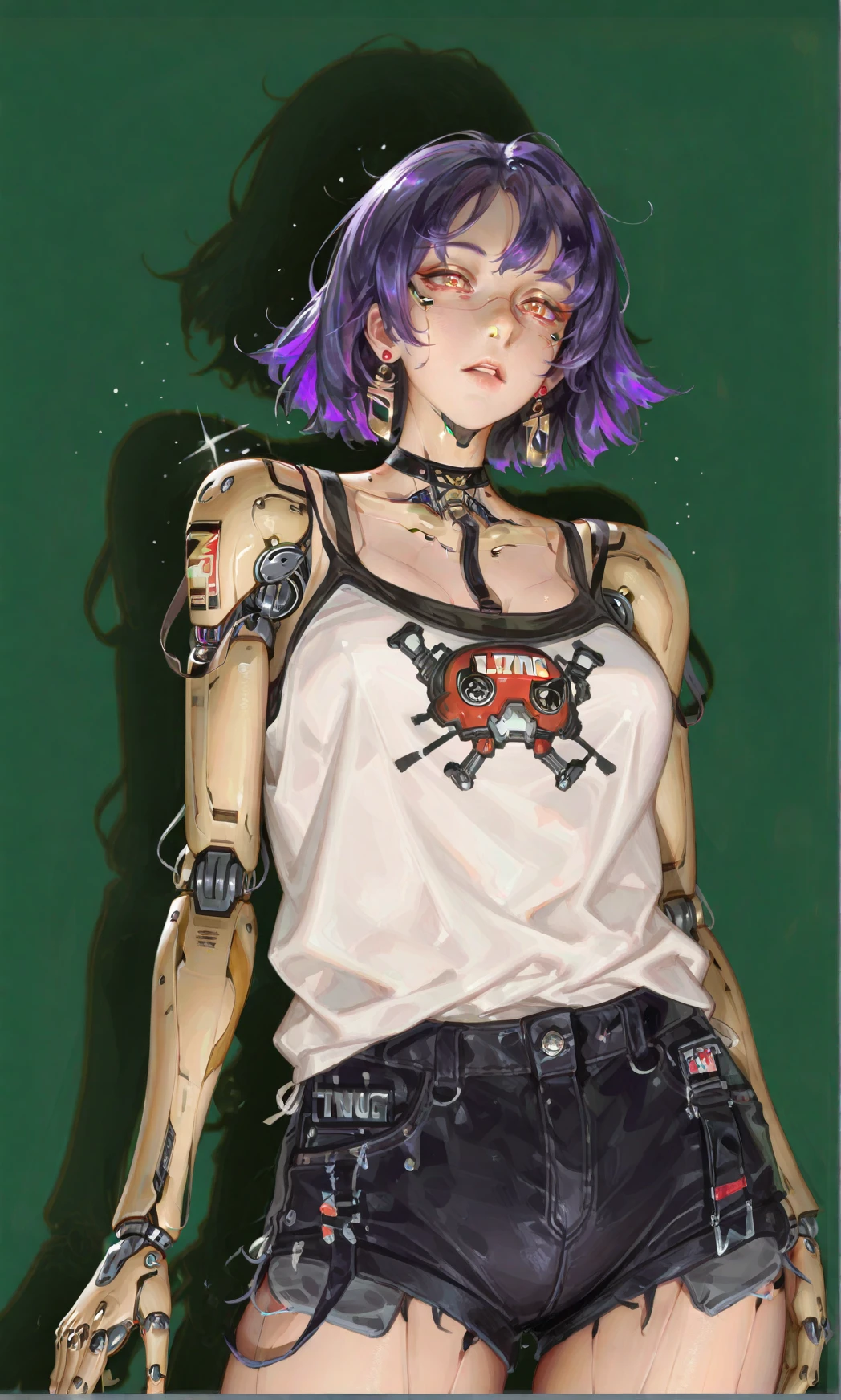 masterpiece, best quality, zhongguoduliu, 1girl, solo, cowboy shot, mechanical eyes, robot joints, fashion, green background, parted lips, ulzzang, purple hair, tank top, black jeans shorts, <lora:zhongguoduliu-illustrious:1>