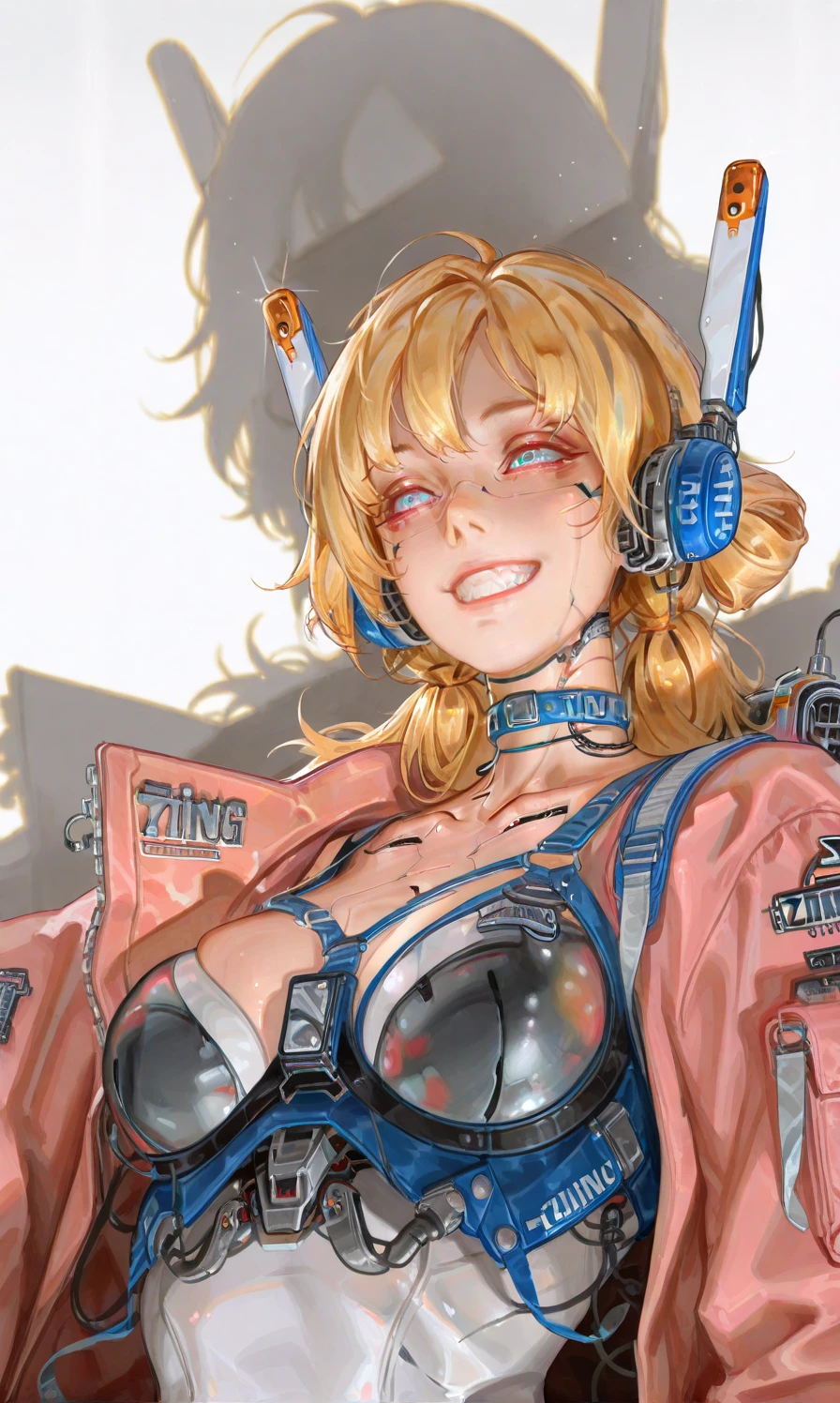 masterpiece, best quality, zhongguoduliu, 1girl, solo, upper body, mechanical eyes, robot joints, fashion, open jacket, choker, studio lighting, simple background, grin, ulzzang, <lora:zhongguoduliu-illustrious:1>