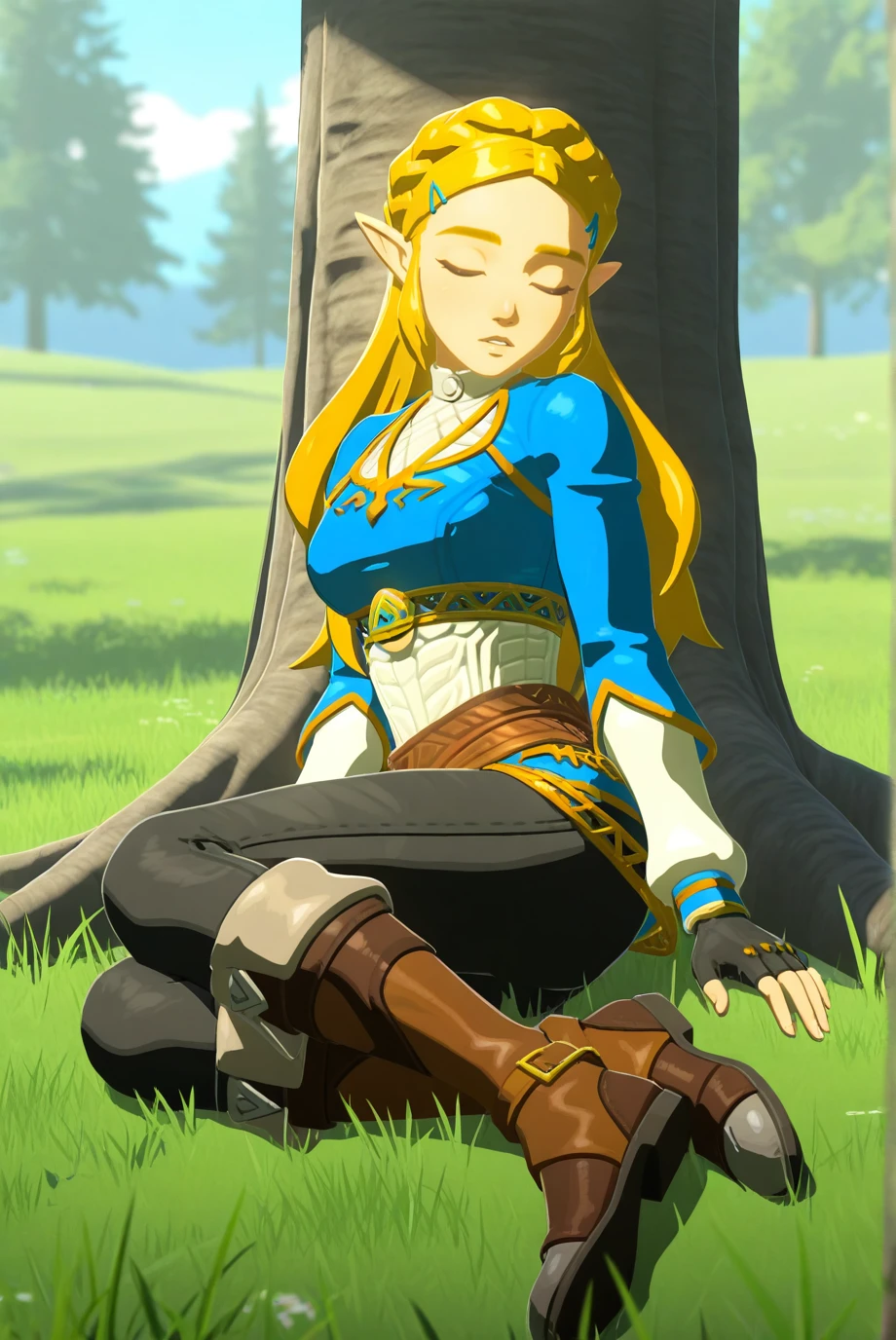 absurdres, masterpiece, best quality, very aesthetic, 1girl, solo,
<lora:Zelda-IL-v2-07:0.8>, ChopioZelda, blonde hair, pointy ears, looking at viewer,
long hair, crown braid, sidelocks, parted bangs, hairclip, medium breasts,
outfit_1, blue crop top, gold trim, white undershirt, breastplate, layered sleeves, brown sash, black gloves, fingerless gloves, black pants, knee boots, brown footwear,
outdoors, grass, nature, parted lips, sitting, against tree, tree, sleeping, eyes closed, full body,