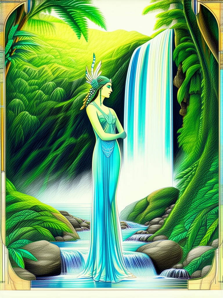 A divinely beautiful goddess, standing before a waterfall in a lush glen. Art Deco. color pencil drawing. Rich forest colors.
artdcoCE_style