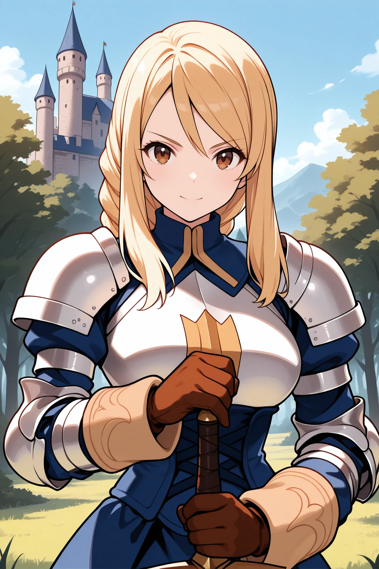 masterpiece, best quality, 1girl, solo, <lora:ffagrias-illu-nvwls-v1-000006:1> fftag, blonde hair, braided ponytail, sidelocks, long hair, brown eyes, armor, shoulder armor, blue dress, blue corset, elbow pads, long sleeves, brown gloves, large breasts, upper body, holding sword, blue sky, looking at viewer, smile, serious, happy, forest, blue sky, castle, planted sword