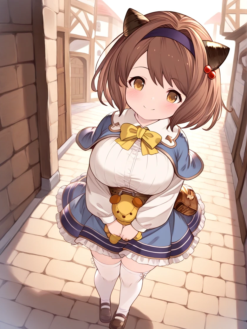 (masterpiece, best quality:1.4), ultra-detailed, 8k, illustration, clean skin, shiny hair, high res image, clear skin,
(shiny skin, glistening skin, shiny body, shiny face:0.6), <lora:Expressive_H:1>, expressiveh, <lora:add-detail-xl:1>, (cute face:1.2),
<lora:yaia_illustrious:1>,
yaia (granblue fantasy), draph, horns, medium breasts, large breasts, short hair, brown hair, bangs, hair intakes,
hair ornament, hair bobbles, red hair bobbles,
hairband, blue hairband, purple hairband,
brown eyes,
charley horse (granblue fantasy), stuffed toy, stuffed animal, yellow stuffed animal, yellow stuffed toy, teddy bear,
object hug, doll hug,
yaia (granblue fantasy) (default),
shirt, white shirt, collared shirt, puffy sleeves, puffy long sleeves, shirt tucked in, long sleeves,
buttons,
blue capelet,
yellow neckwear, bow, yellow bow, bowtie,
belt, brown belt,
skirt, frills, frilled skirt, blue skirt, petticoat, dress, blue dress, frilled dress, dress shirt, high-waist skirt,
pouch, brown pouch, belt pouch,
white legwear, thighhighs, white thighhighs, zettai ryouiki,
shoes, mary janes, footwear, black footwear, brown footwear,
skindentation, curvy, standing, delicate, cute, innocent, wholesome, adorable, full body, v arms, outdoors, medieval city, outdoors, sunset