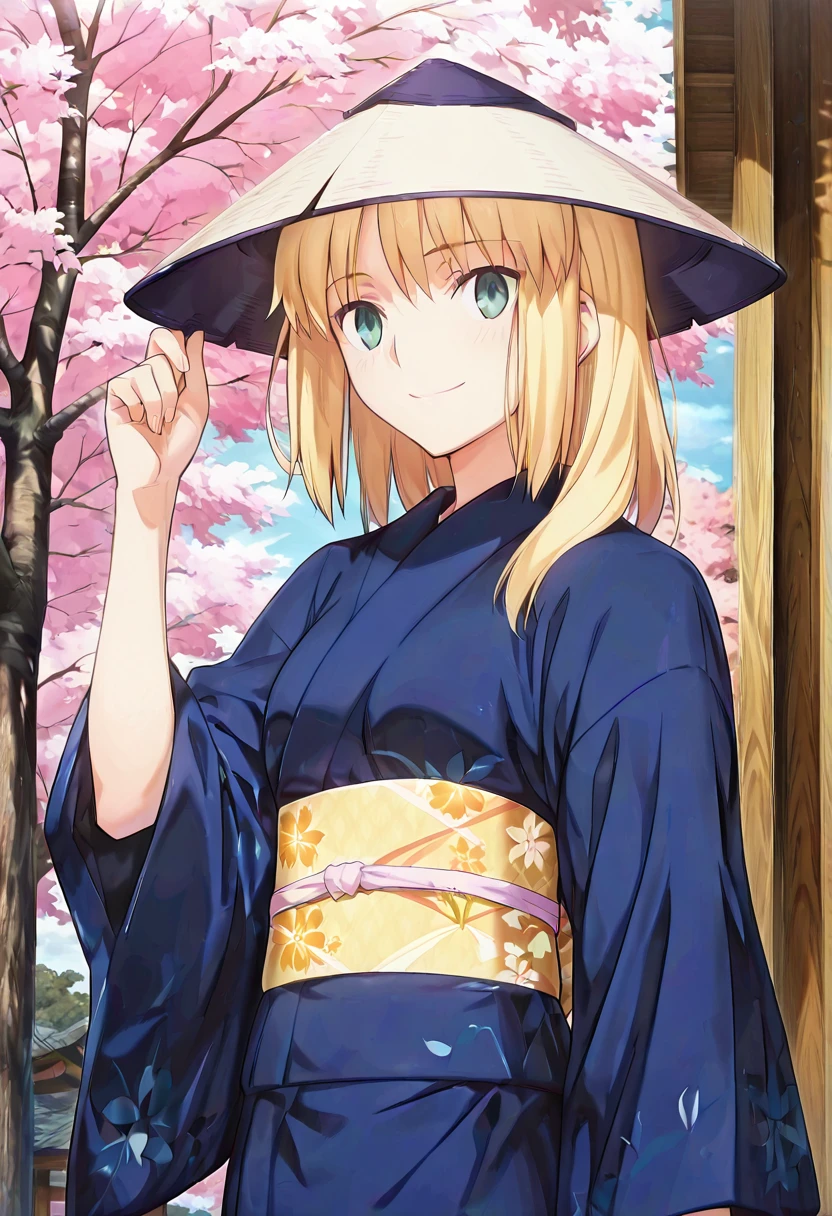 masterpiece, best quality, absurdres, detailed skin, detailed face, detailed eyes, anime colored, anime screencap, anime colored,
<lora:Artoria_Pendragon:0.8>, artoria pendragon, 1 girl, hair down, pulling hat, looking at viewer, smile,
((kasa hat)), <lora:kasa_alternate:1>,
kimono, cherry blossoms,