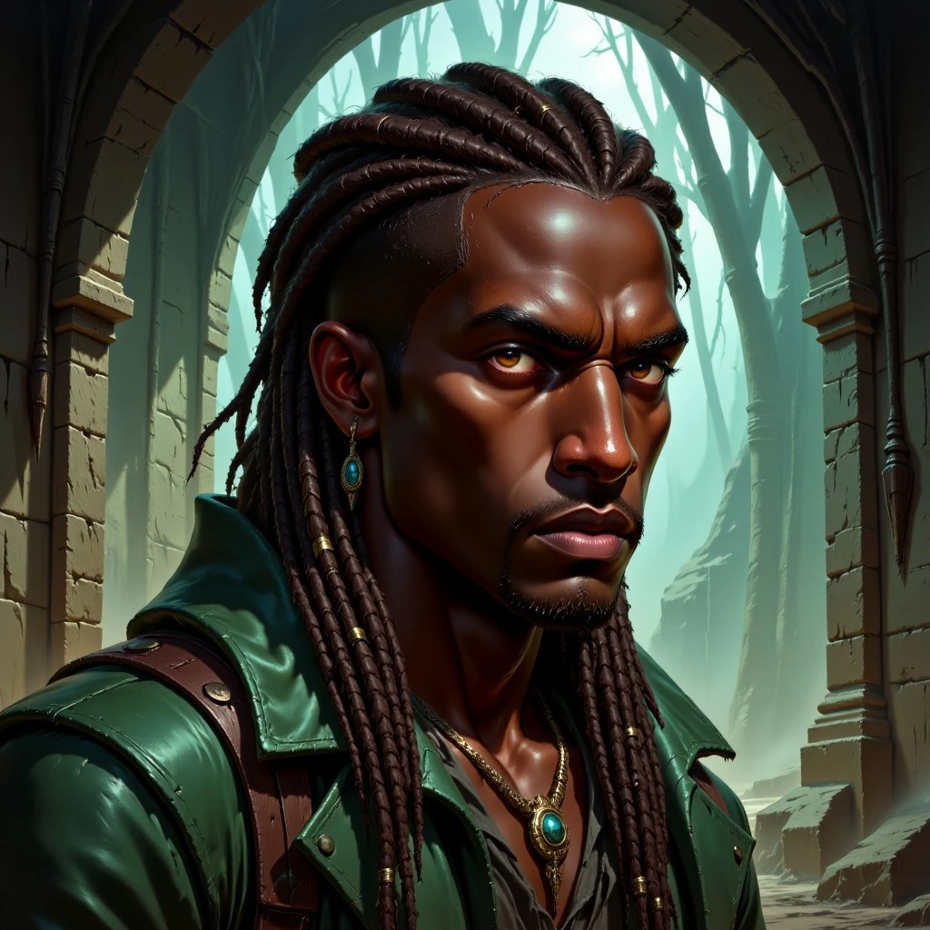 Dark-Fantasy-Cardd-V.2.0 style illustration that features a dark skinned, african man with dreadlocks in dark fantasy setting,