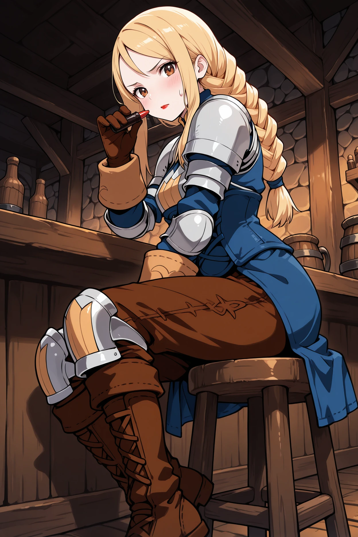 masterpiece, best quality, 1girl, solo, <lora:ffagrias-illu-nvwls-v1-000006:1> fftag, blonde hair, braided ponytail, sidelocks, long hair, brown eyes, armor, shoulder armor, blue dress, blue corset, elbow pads, long sleeves, brown pants, brown gloves, knee pads, brown boots, sitting, tavern, stool, red lipstick, holding tube of lipstick, blush, sweatdrop, looking at viewer