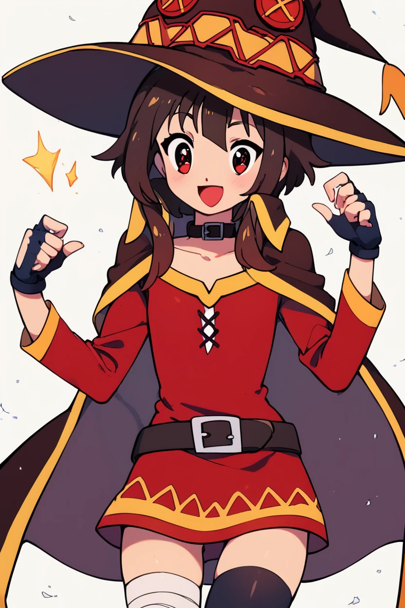 score_9, score_8_up, score_8, medium breasts, (curvy), cute, eyelashes, BREAK, , BREAK, <lora:konosuba-megumin-s2-ponyxl-lora-nochekaiser:0.7>, megumin, short hair, black hair, red eyes, short hair with long locks, thighhighs, gloves, hat, dress, black gloves, belt, black thighhighs, fingerless gloves, cape, collar, witch hat, bandages, red dress, single thighhigh, asymmetrical legwear, bandaged leg,, <lora:ChueogStyle_PDXL:1.0>, , BREAK, smile, looking at viewer, cowboy shot, embedding:zPDXL, Expressiveh, <lora:SDXLFaeTastic2400:0.5>, <lora:Expressive_H-000001:0.4>,