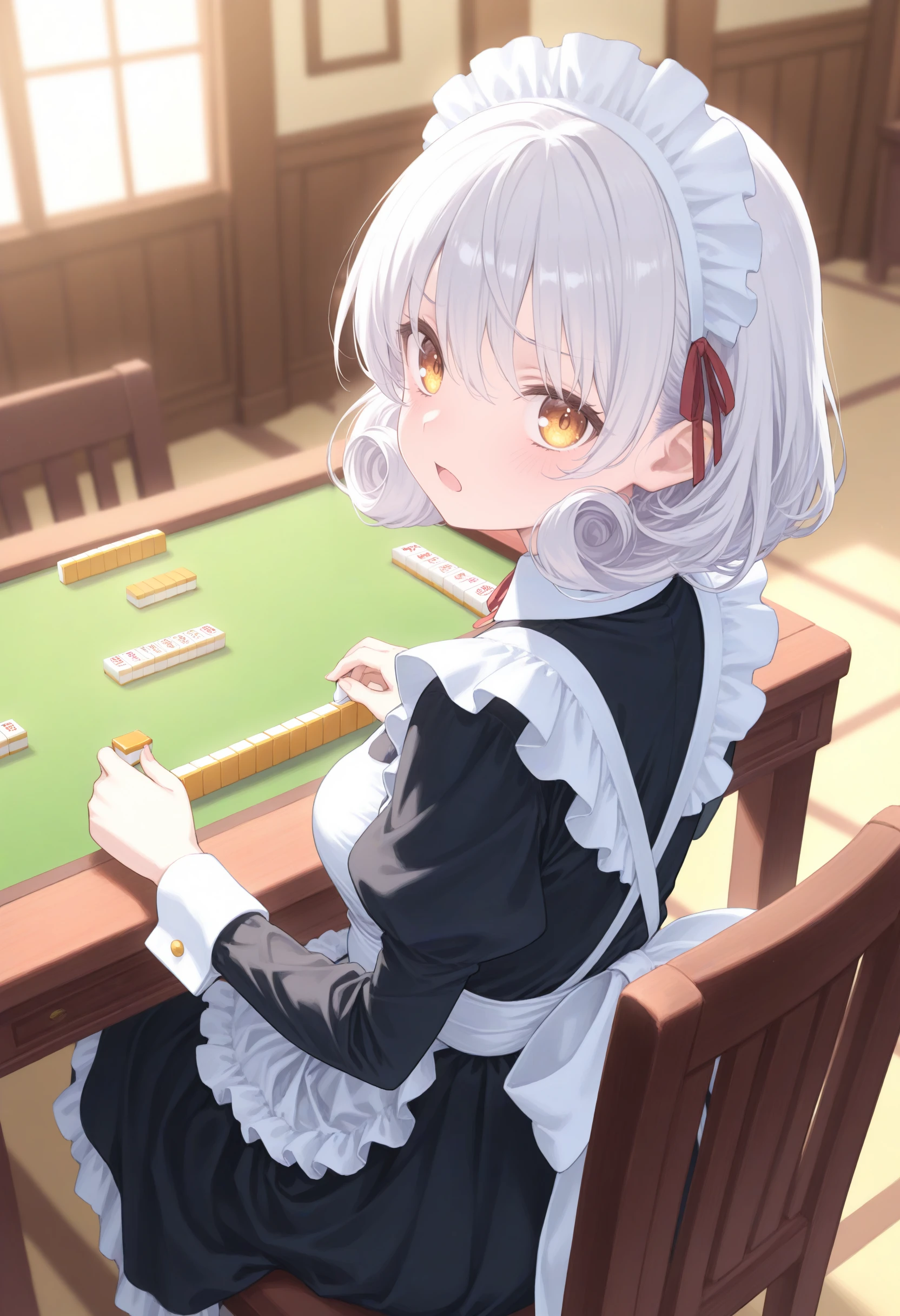 1girl,(sho \(sho lwlw\):0.7),(toosaka asagi:0.5),(sincos:0.3),solo,
masterpiece, best quality, newest, absurdres, CG, anime, source anime, illustration,
maid, maid headdress,medium breasts,
mahjong, mahjong tile ,mahjong table,sitting, chair, indoors, <lora:mahjong_Illust_v1:0.8>
holding mahjong tile ,
from behind, fisheye lens, looking back, white hair, golden eyes,sulking,, open mouth, curly hair,