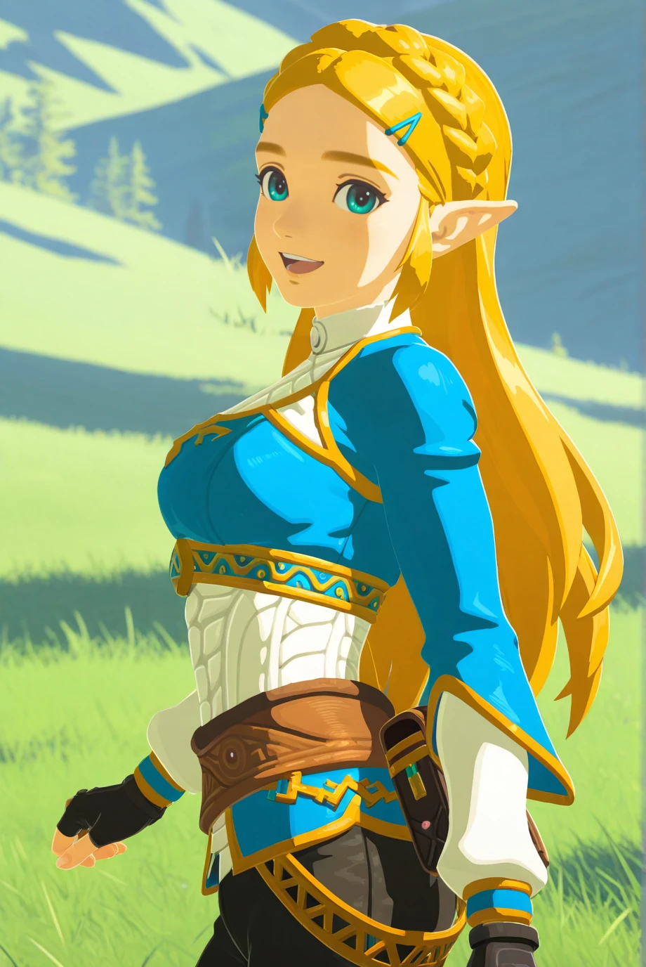 absurdres, masterpiece, best quality, very aesthetic, 1girl, solo,
<lora:Zelda-IL-v2-07:0.8>, ChopioZelda, blonde hair, aqua eyes, pointy ears, looking at viewer,
long hair, crown braid, sidelocks, parted bangs, hairclip, medium breasts,
outfit_1, blue crop top, gold trim, white undershirt, breastplate, layered sleeves, brown sash, black gloves, fingerless gloves, black pants,
outdoors, grass, nature, smile, from side, open mouth,