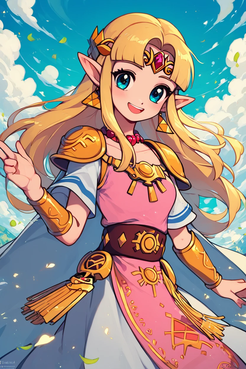 score_9, score_8_up, score_8, medium breasts, (curvy), cute, eyelashes, BREAK, , BREAK, <lora:UltimatePrincessZelda_PDXL_v1:0.8>, zzUZelda, blonde hair, jewelry, dress, pink tabard, triforce, circlet, armor, earrings, necklace, shoulder armor, tiara,, <lora:ChueogStyle_PDXL:1.0>, , BREAK, smile, looking at viewer, cowboy shot, embedding:zPDXL, Expressiveh, <lora:SDXLFaeTastic2400:0.5>, <lora:Expressive_H-000001:0.4>,