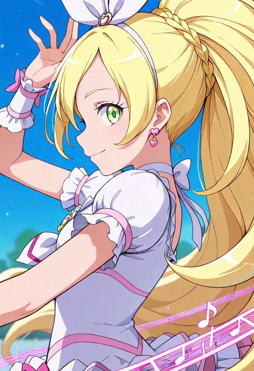 masterpiece, best quality, absurdres, very aesthetic, general,
cure rhythm, 1girl, blonde hair, solo, green eyes, white choker, musical note, treble clef, ponytail, hair ribbon, staff \(music\), eyelashes, heart earrings, eighth note, wrist cuffs, upper body, beamed eighth notes, floating hair, flat sign, quarter note, sixteenth note, frills, very long hair, bass clef, beamed sixteenth notes, arm up, sharp sign, blue background, hair bow, arms up, white ribbon, profile, outstretched arms, white hairband, quarter rest, puffy short sleeves, braid, white bow, white dress, half note, smile, ribbon choker, hair ornament, blurry background, shiny hair, from behind, brooch, from side, looking at viewer, frilled sleeves, yellow scrunchie, outstretched arm, pink bow, light particles, looking back, anime coloring
<lora:cure_rhythm_minamino_kanade_illustXL_locon_v1:0.7>