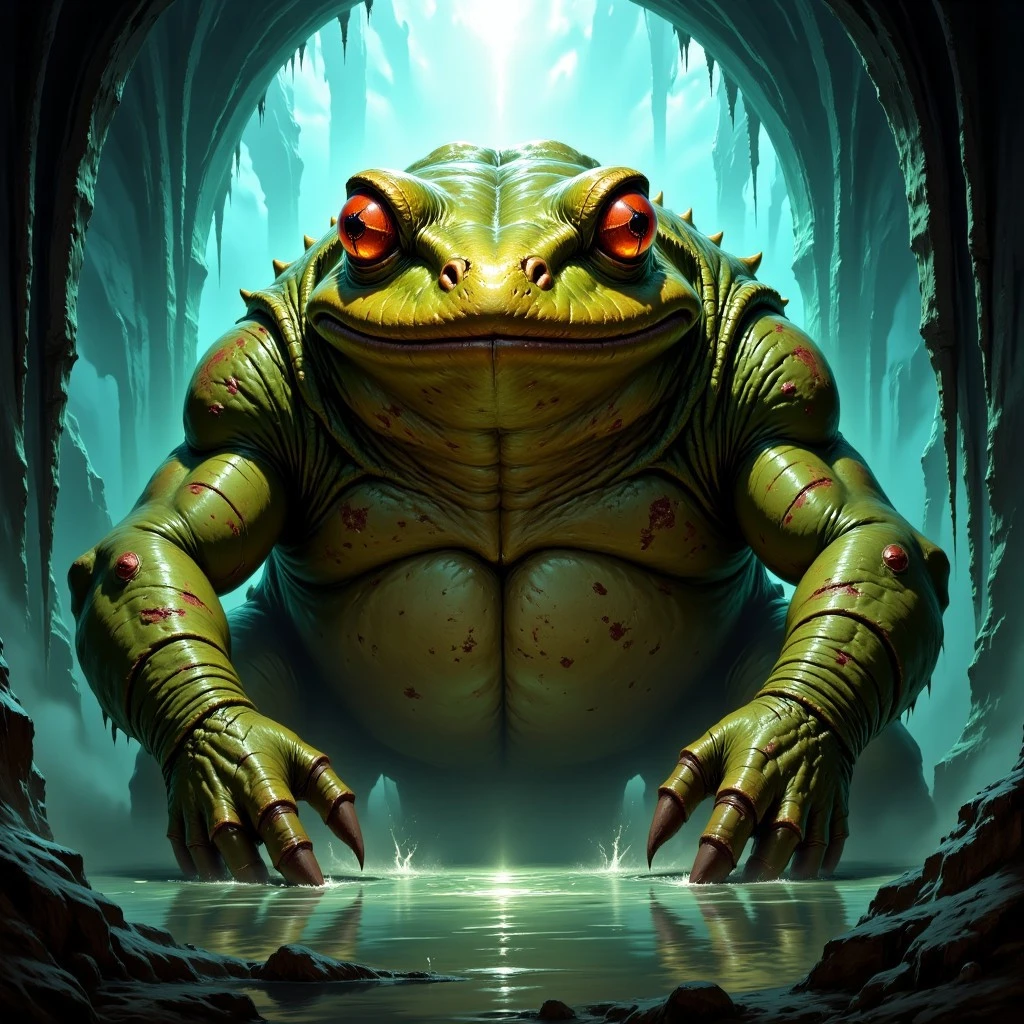 Dark-Fantasy-Cardd-V.2.0 style illustration that features dark fantasy creature: A grotesque and massive demon-frog lurks in a flooded underground chamber, its immense form emerging from murky waters like a nightmare given flesh. The creature's most striking feature is its face - a wide, amphibian maw stretched into an unsettling grin that reveals rows of jagged, yellowed teeth. Its eyes glow with an intense orange-red light, like burning coals in the darkness, creating small reflections on the wet surfaces around it. The monster's body is a sickly shade of olive-green, with its bloated belly appearing lighter and more pronounced. Its skin texture is incredibly detailed - warty, slick, and mottled with various discolorations, scars, and what appears to be patches of rot or fungal growth. Dark stains and grime streak its flesh, suggesting it dwells in filth and decay.