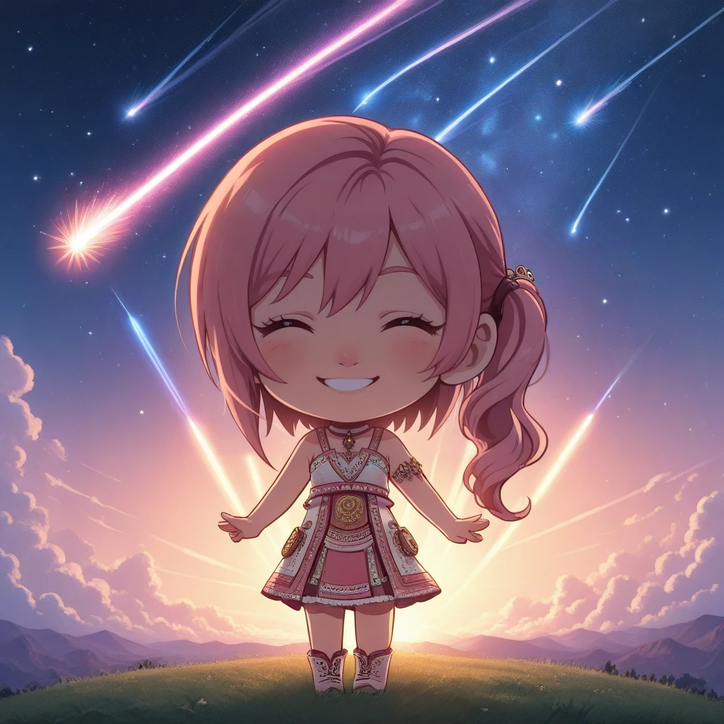 masterpiece, best quality, absurdres, intricate details, 1girl, solo, chibi, waist up, serah13, smiling, shooting stars, by jr <lora:Serrah_Farron_IL:0.8>