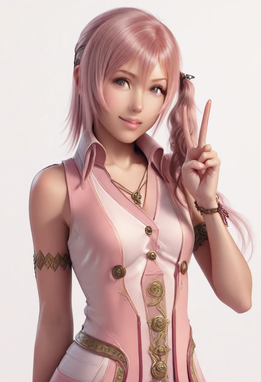 masterpiece, best quality, absurdres, intricate details, 1girl, solo, serah13, peace sign, wink <lora:Serrah_Farron_IL:1>