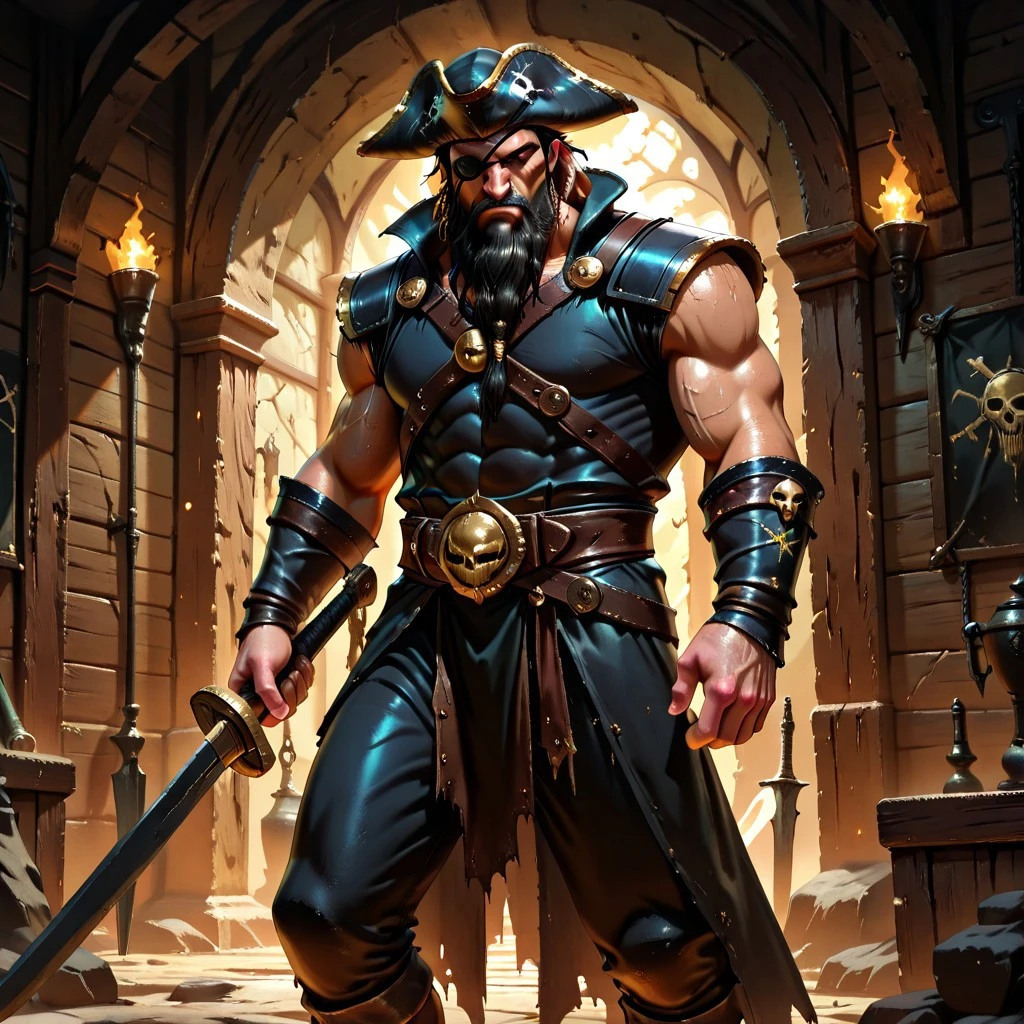 masterpiece, best quality, newest, absurdres, highres, Dark-Fantasy-Cardd-V.2.0, 
1boy, muscular male, black hair, eyepatch, beard, holding weapon, holding sword, holding, sword, weapon, pirate