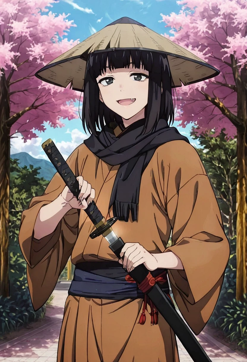 masterpiece, best quality, absurdres, detailed skin, detailed face, detailed eyes, anime colored, anime screencap, anime colored,
<lora:Suzushiro_Hatsuka_IL-000008:0.7>, 1 boy, femboy, Suzushiro Hatsuka, black hair, black eyes, bangs, looking at viewer, fang, smile, open mouth,
unsheathing, katana,
((kasa hat)), <lora:kasa_alternate:1>, black scarf, brown haori,
cherry blossoms, outdoors,
